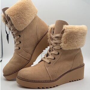 Style Co. Tan Suede Fur Lined Wedge Lace Up Ankle Boots Women's Size 8